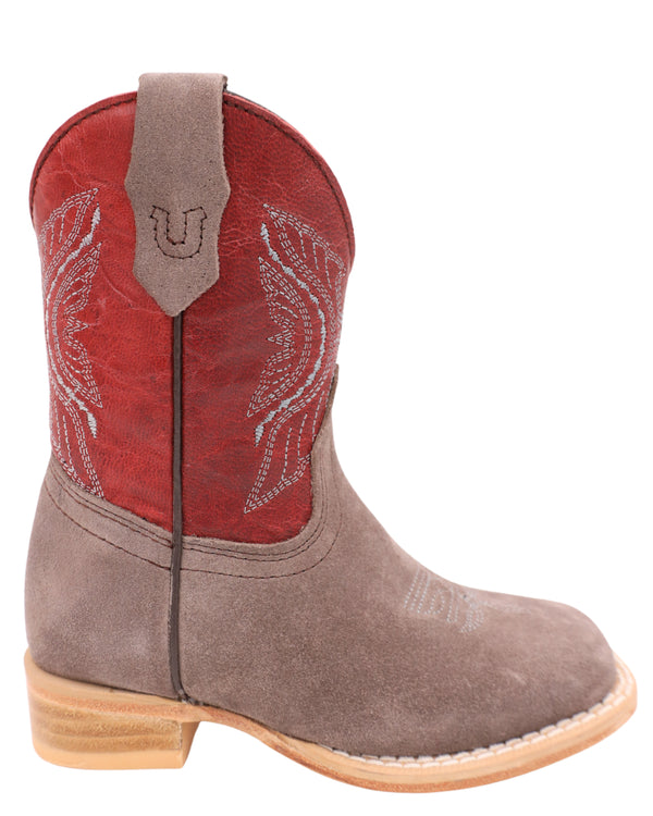 charcoal rough out and dark cherry cowhide kids western boots