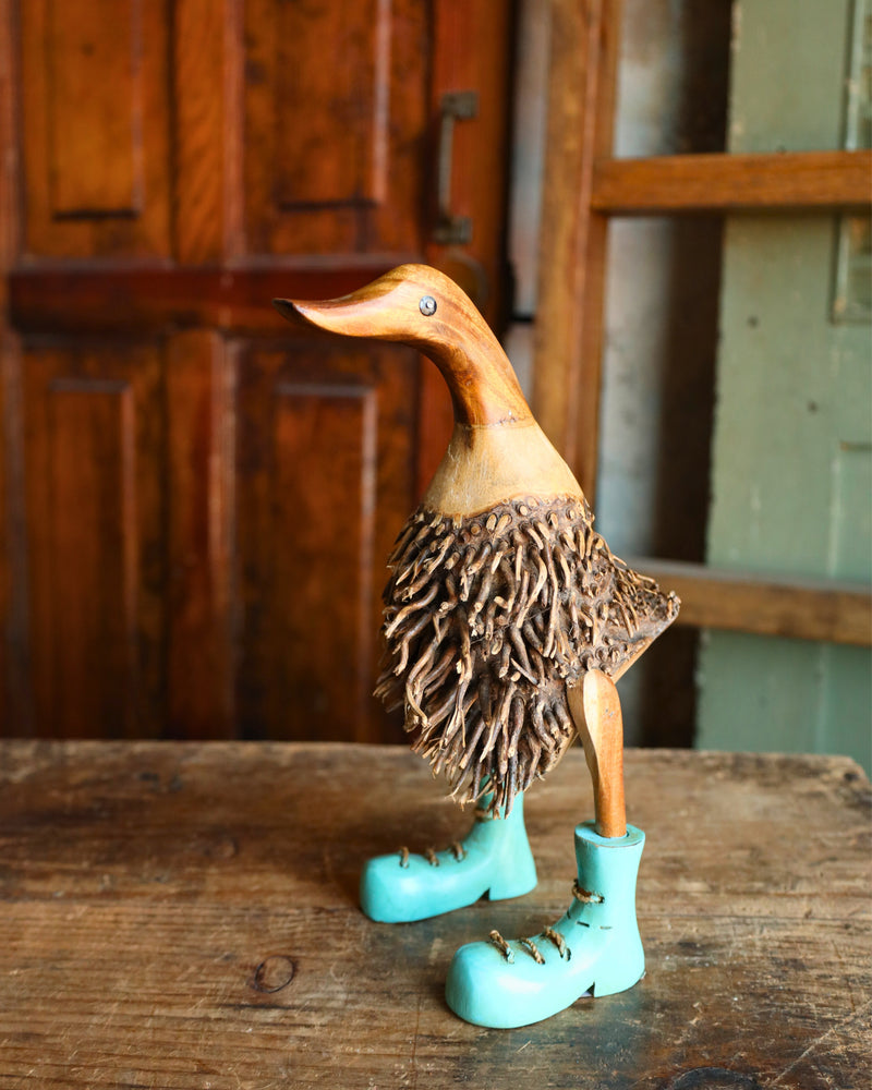 WOODEN DUCK WITH TURQUOISE BOOTS FIGURINE 