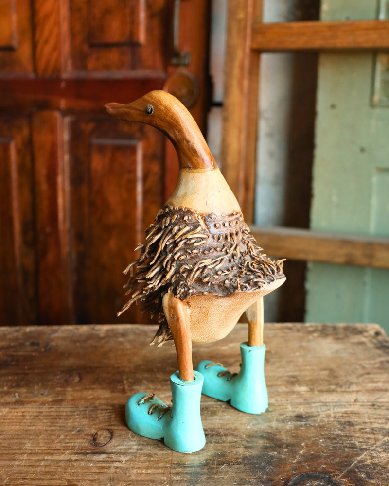 WOODEN DUCK WITH TURQUOISE BOOTS FIGURINE 