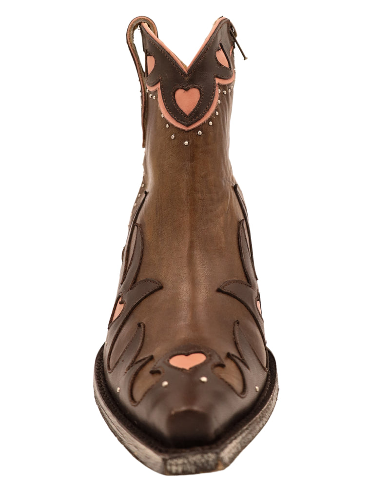 Brown bootie with pink heart, star and lightning bolt embellishments