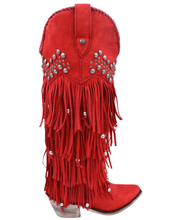 Red cowboy boots with studs, layered fringe, interior zipper and beads in various fringe pieces.