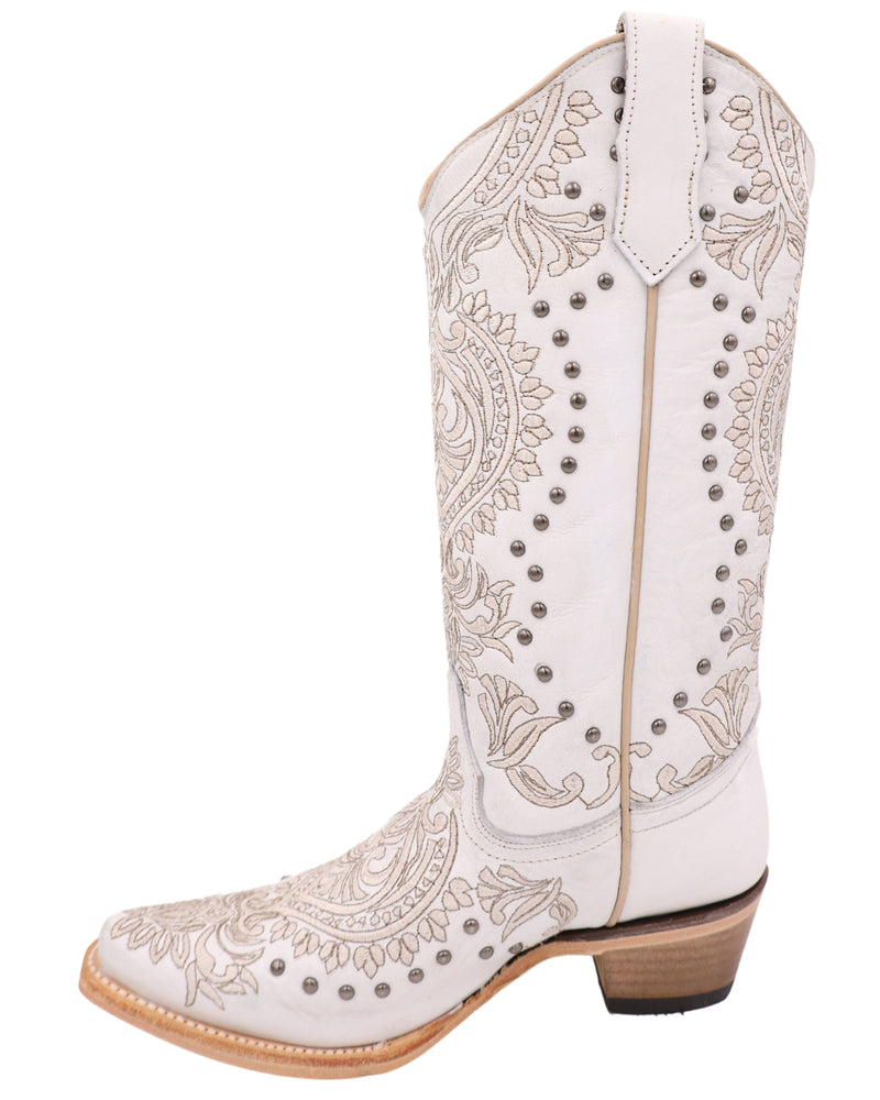 EMBROIDERED WHITE LEATHER COWBOY BOOT WITH STUDS