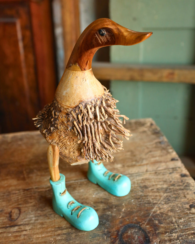 WOODEN DUCK WITH TURQUOISE BOOTS FIGURINE 