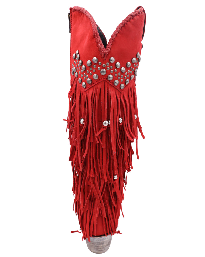 Red cowboy boots with studs, layered fringe, interior zipper and beads in various fringe pieces.