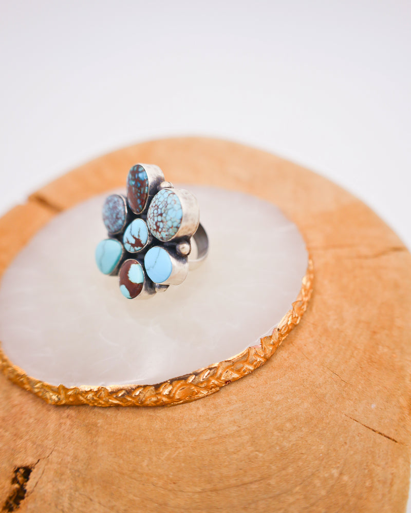 Blue and Brown Egypt Turquoise Cluster Ring- Size 7