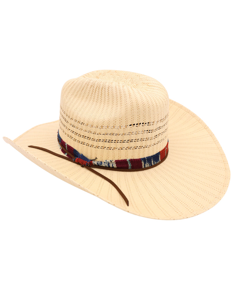 Straw cowboy hat featuring a vibrant serape hatband and leather cording, this cowboy hat will add a touch of color and style to any outfit.
