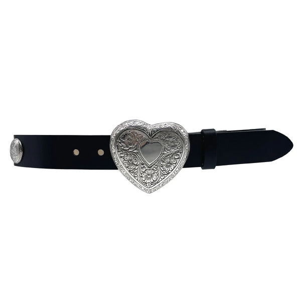 Silver engraved heart buckle and is detailed with engraved silver hardware along the strap belt