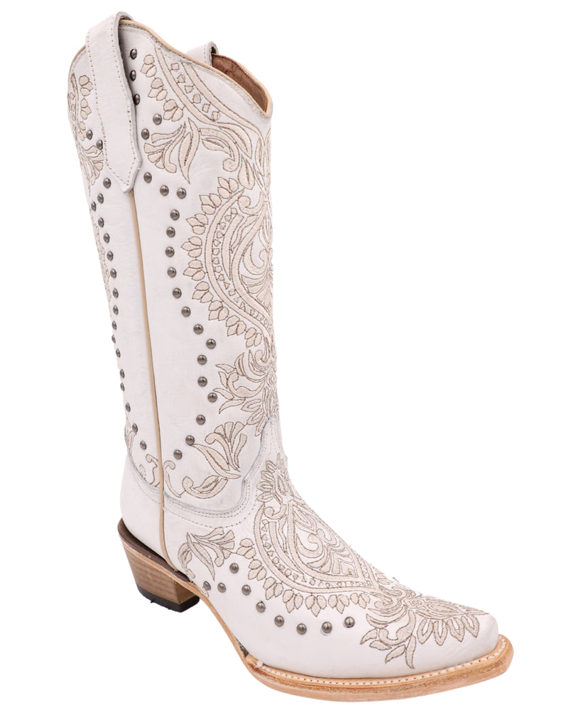 EMBROIDERED WHITE LEATHER COWBOY BOOT WITH STUDS