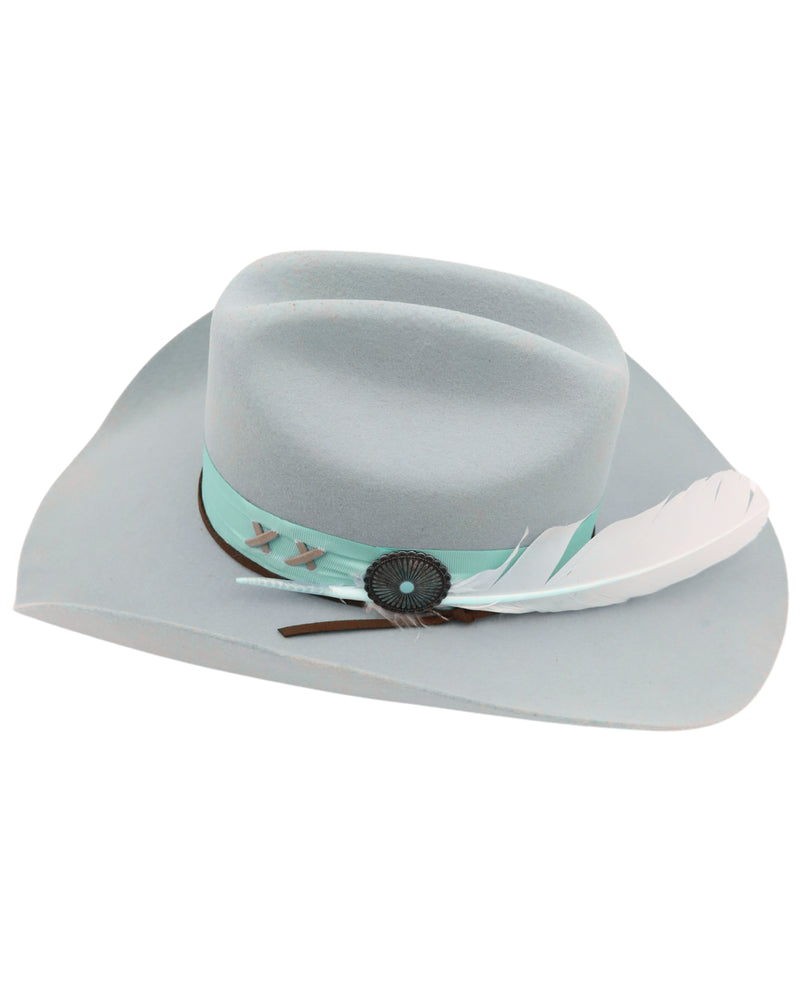 cowboy hat features a stylish blue ribbon hat band, leather strand, concho, feather, and double cross stitch detailing