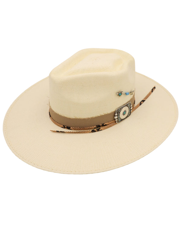 Straw flat brim hat with speak design on the crown, snake print cord, tan cloth hat band, concho on side of hat as well as silver arrow with turquoise on charm 