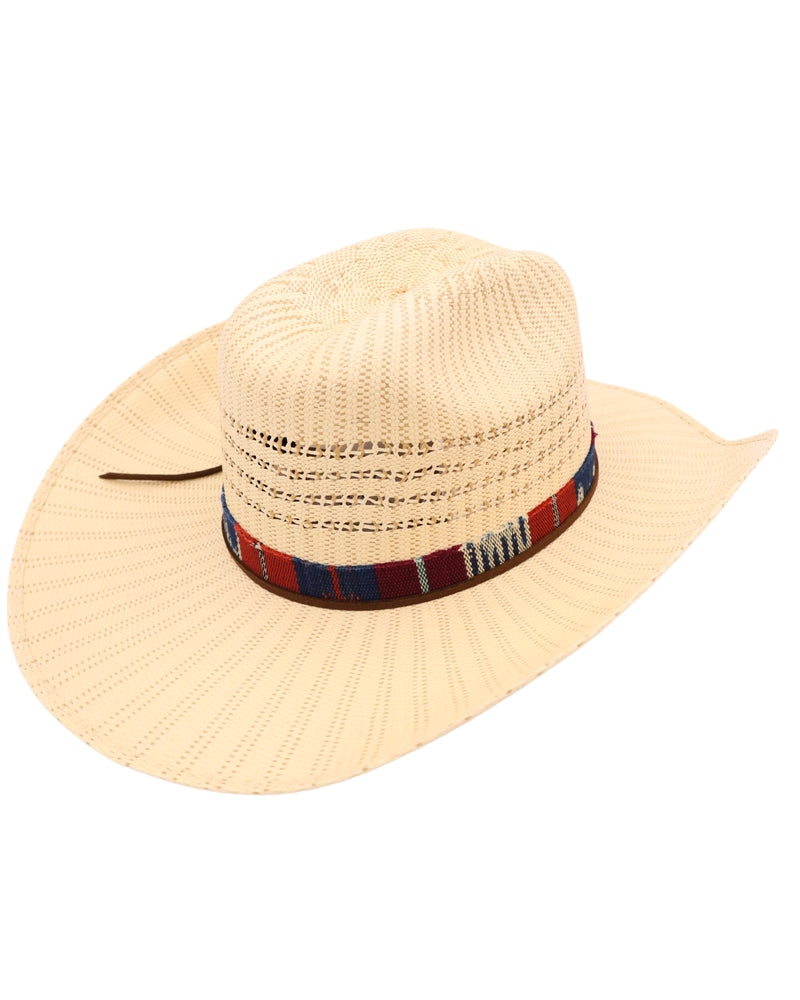 Straw cowboy hat featuring a vibrant serape hatband and leather cording, this cowboy hat will add a touch of color and style to any outfit.