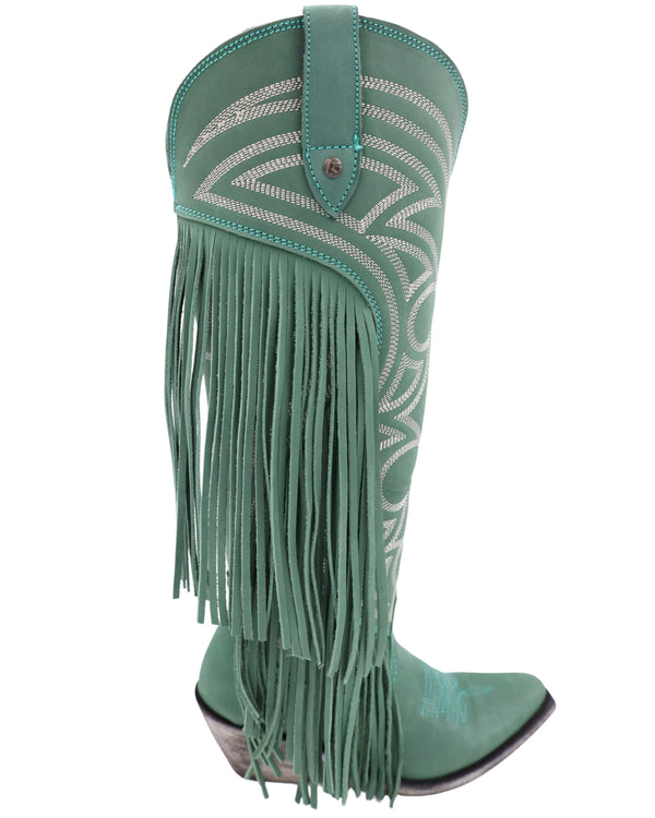 Turquoise cowgirl boot with fringe, white stitching and zipper on the inside of the boot