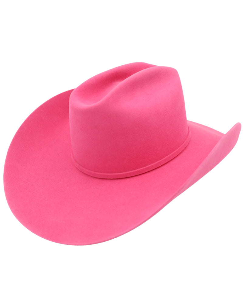 Hot pink 7x felt cowboy hat with with silver buckle set, cattleman crown and maverick private label leather sweatband and satin lining