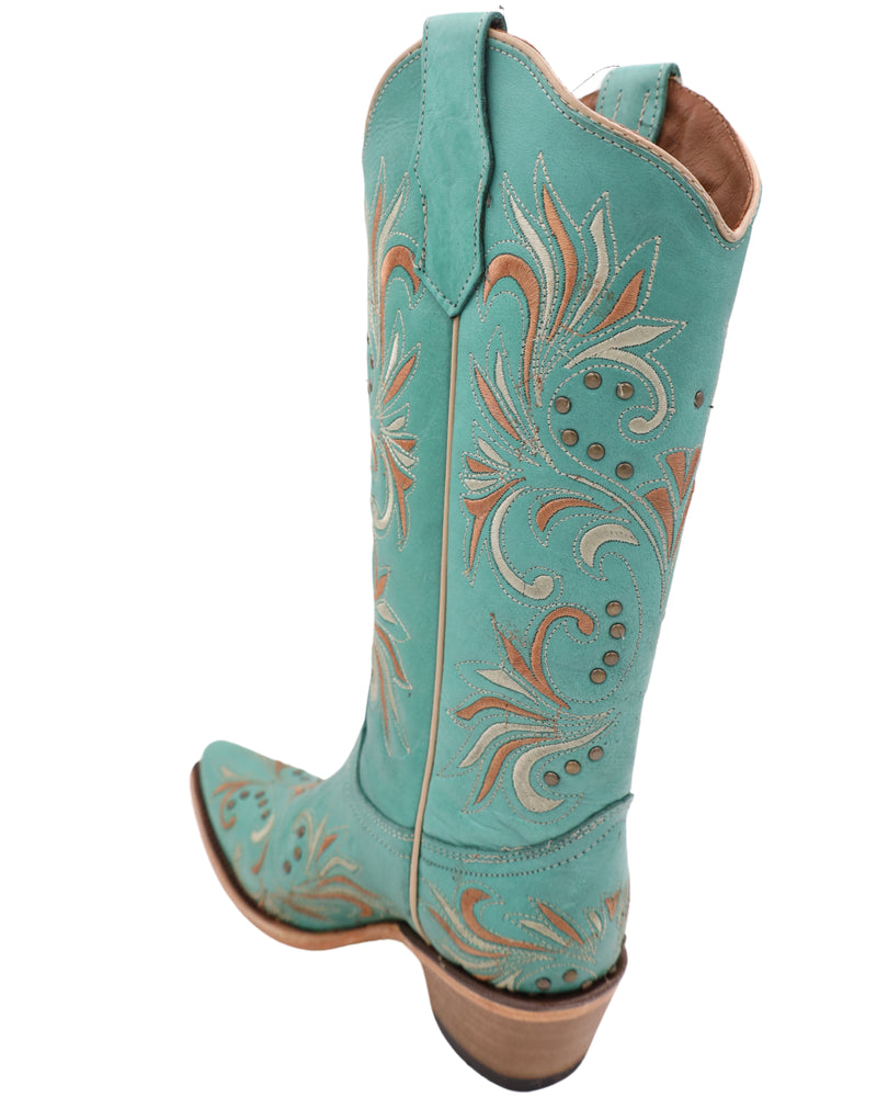 Ivory and copper embroidery with studded accents on blue boot