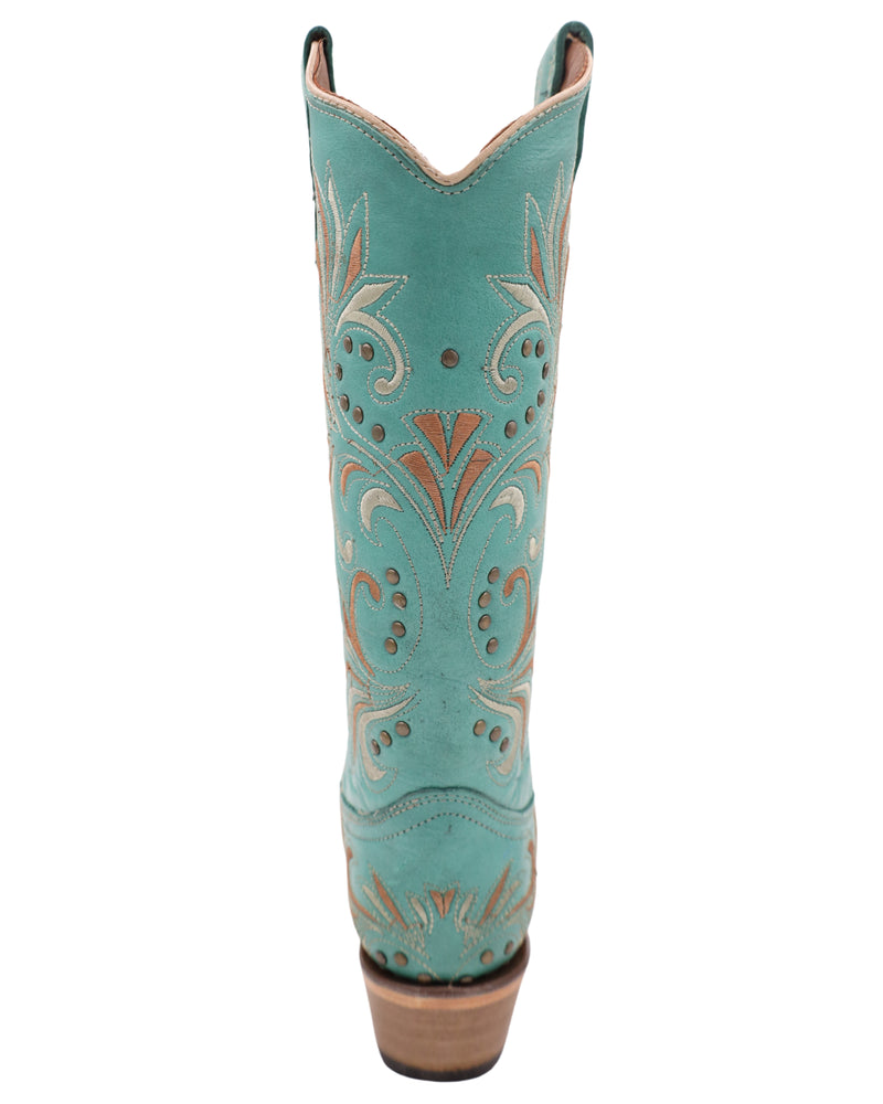 Ivory and copper embroidery with studded accents on blue boot