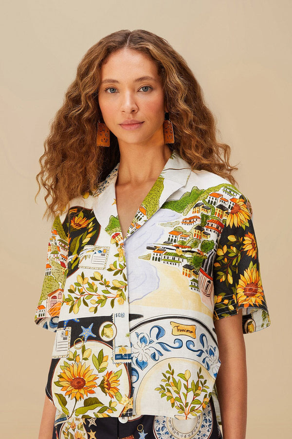 Farm Rio Multicolor Latin Trip Scarves Euroflax™ Premium Linen Crop Shirt