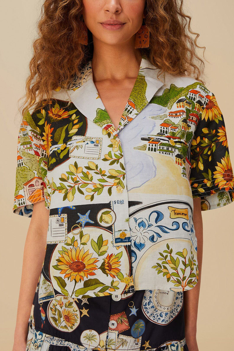 Farm Rio Multicolor Latin Trip Scarves Euroflax™ Premium Linen Crop Shirt