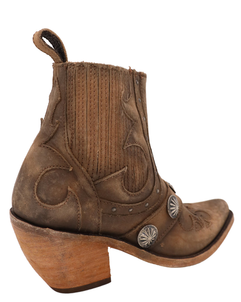 Brown cowgirl bootie with concho detail over the top of the foot