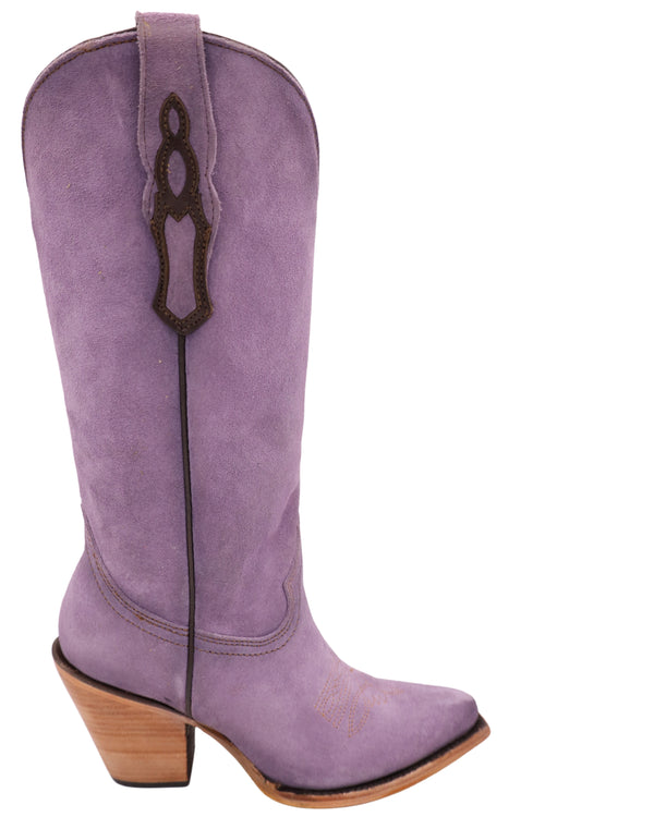 PURPLE SUEDE WOMEN'S COWBOY BOOT WITH DARK PURPLE EMBELLISHMENT ON PULL TAB