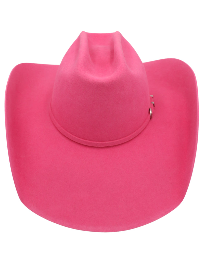 Hot pink 7x felt cowboy hat with with silver buckle set, cattleman crown and maverick private label leather sweatband and satin lining