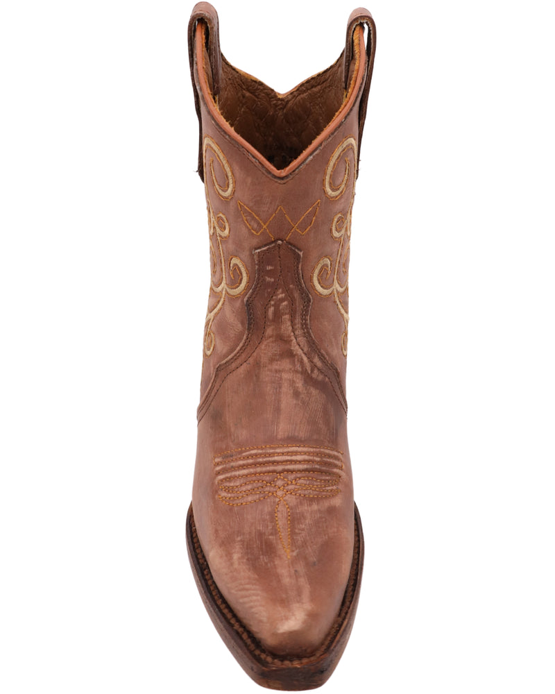 BROWN LEATHER BOOTIE WITH TAN EMBROIDERY ON SHAFT AND TOE