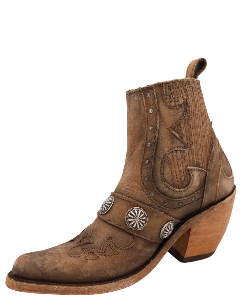 Brown cowgirl bootie with concho detail over the top of the foot