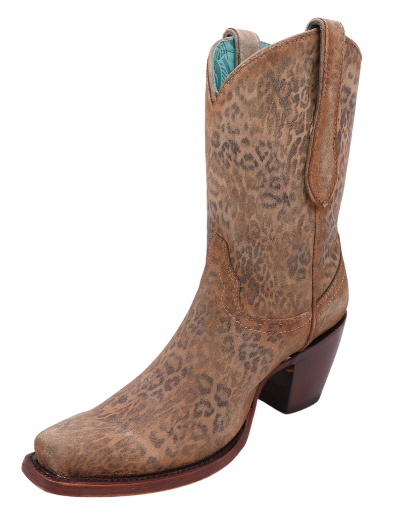 Leopard print cowgirl boots with a hint of metallic gold brushing, fashion heel, pull tabs and braiding on the outer portion