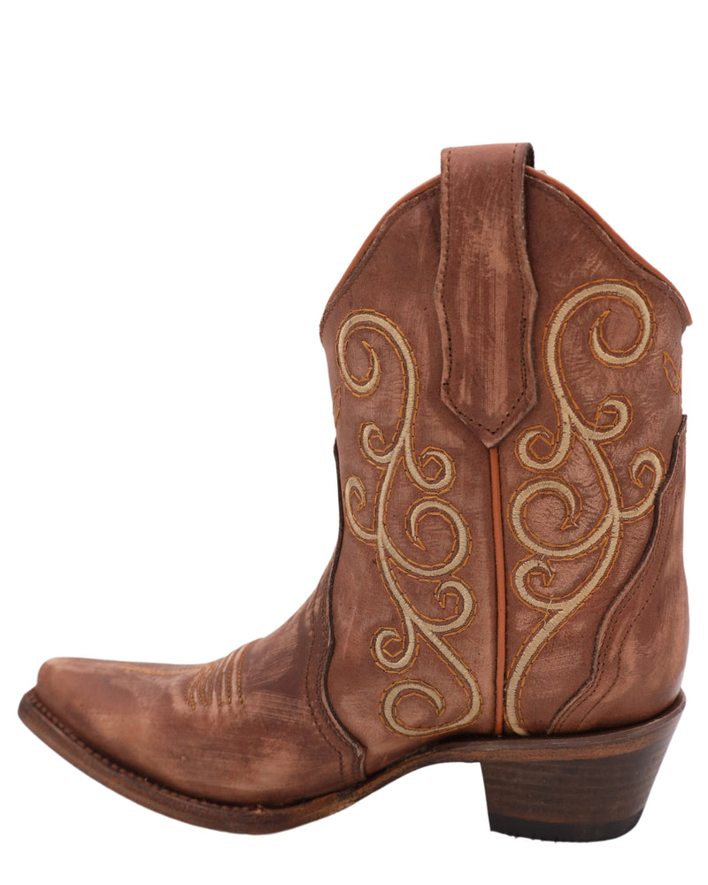 BROWN LEATHER BOOTIE WITH TAN EMBROIDERY ON SHAFT AND TOE