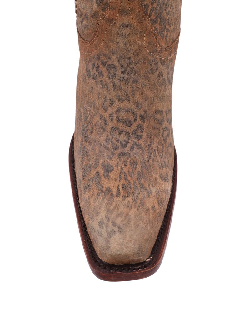 Leopard print cowgirl boots with a hint of metallic gold brushing, fashion heel, pull tabs and braiding on the outer portion