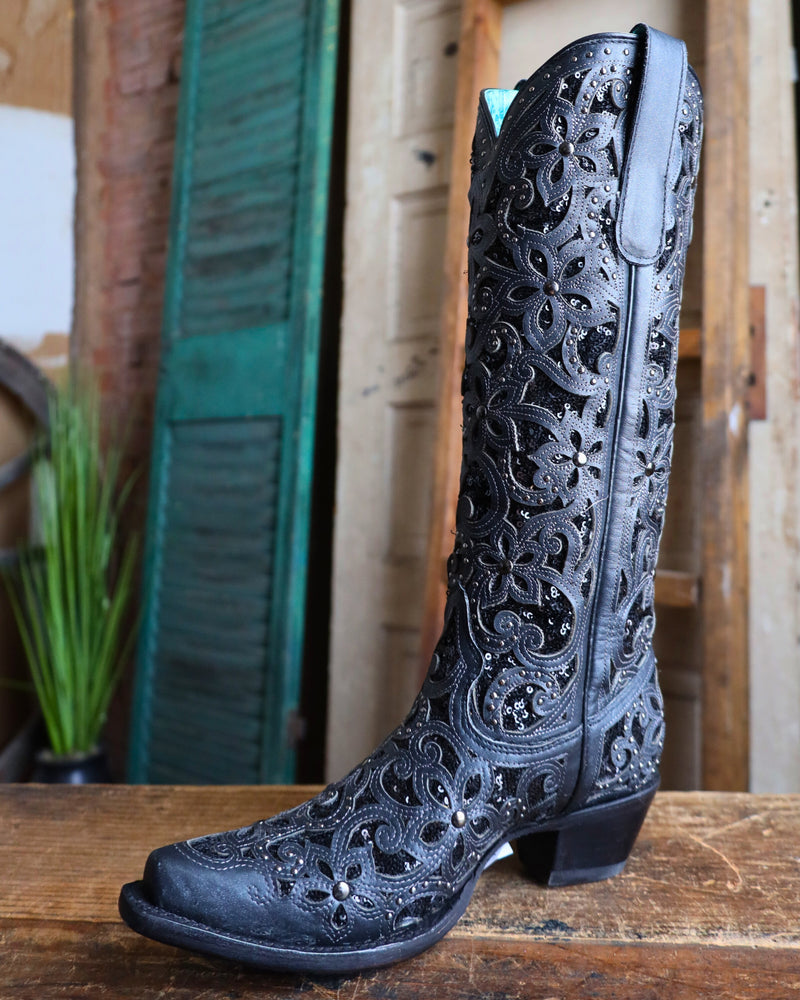 Cowboy Boots Black Sparkly Knee High Boots Corral Women's Glitter