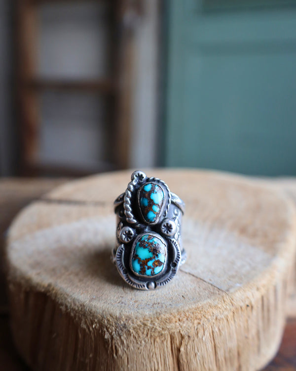 VINTAGE 2 STONE DARK TURQUOISE RING- SIZE 12