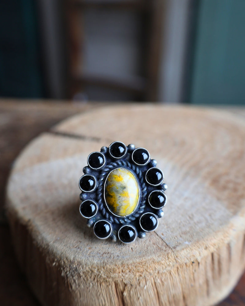 ONYX BUMBLEBEE JASPER FLOWER RING- SIZE 9