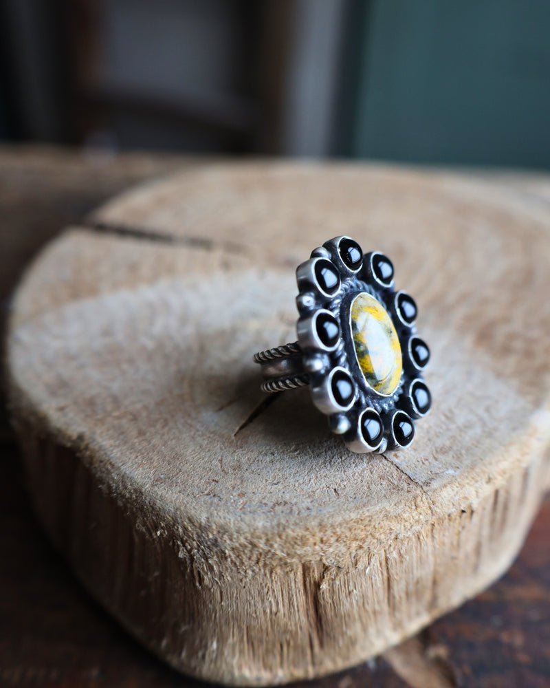 ONYX BUMBLEBEE JASPER FLOWER RING- SIZE 9