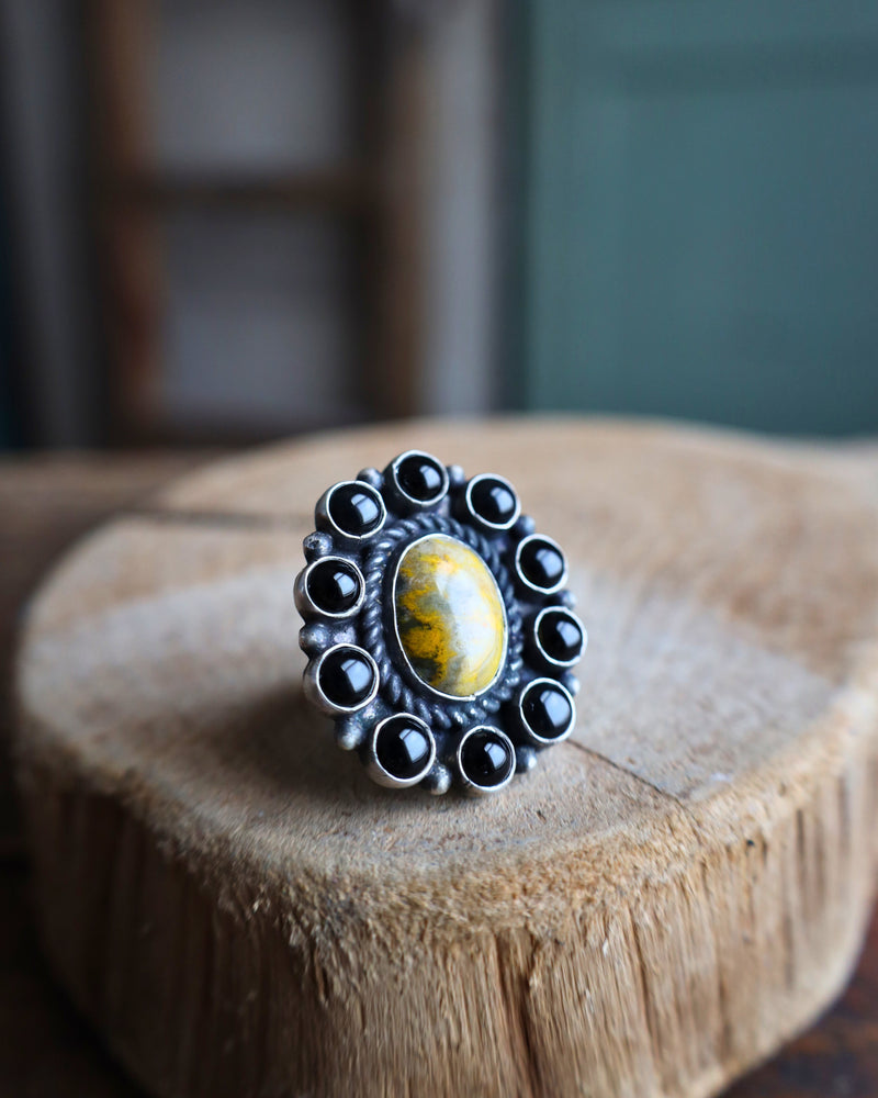 ONYX BUMBLEBEE JASPER FLOWER RING- SIZE 9