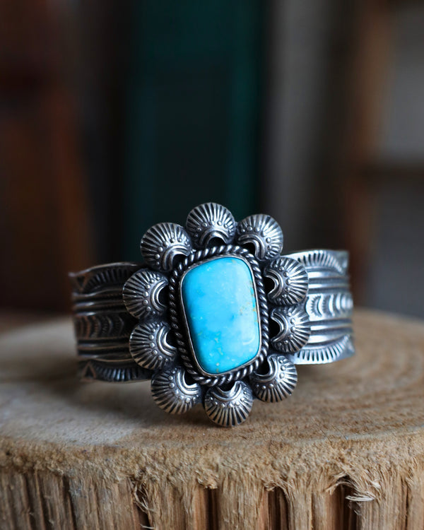 Kingman Turquoise Ornate Frame Cuff