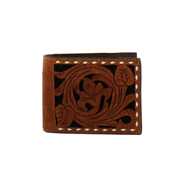 Men's bifold wallet with Roughout floral filagree on top with a black inlay