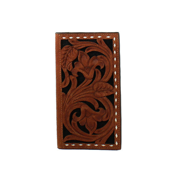 Men's rodeo wallet with roughout floral filagree on top with a black inlay. 