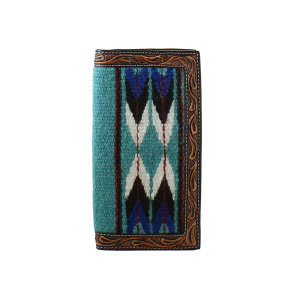 Brown leather boarder on a rodeo wallet with turquoise, blue and white rug center