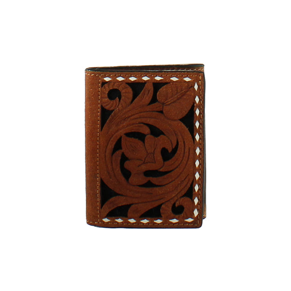 Men's trifold wallet with brown leather and black underlay with white bull bull stitch on the boarder