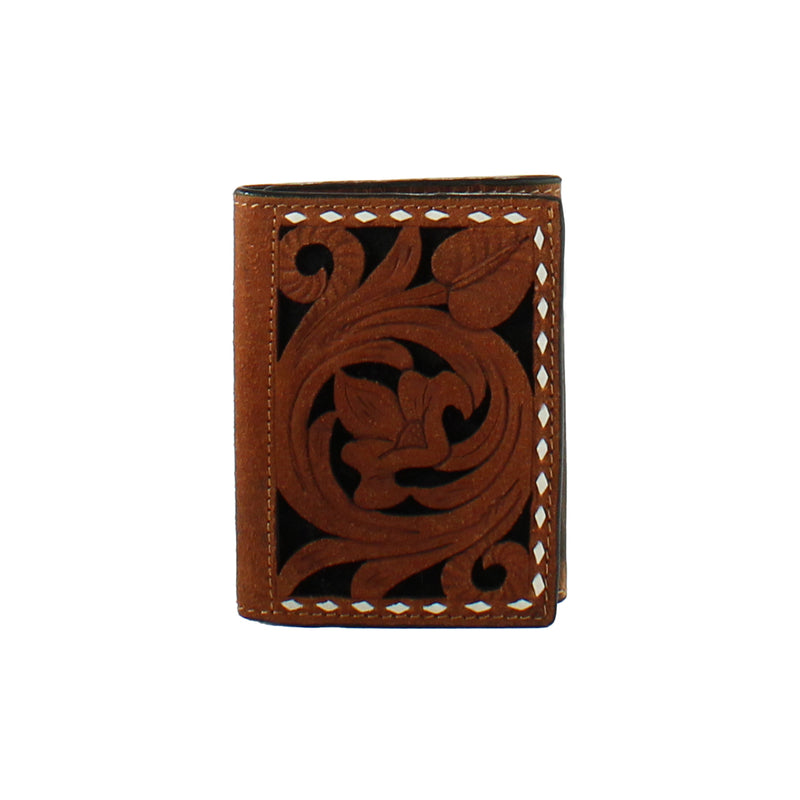 Men's trifold wallet with brown leather and black underlay with white bull bull stitch on the boarder