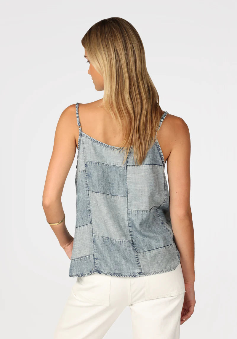 Woman wearing denim cami with patchwork all over