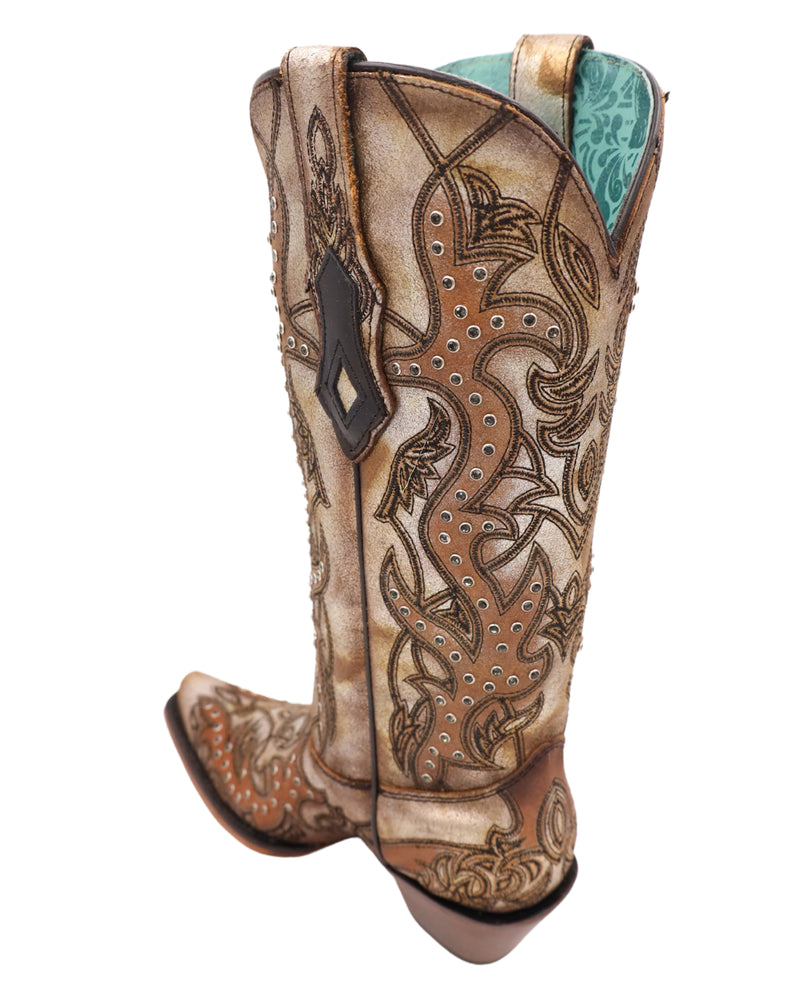 Women's cowgirl boot with metallic gold boot with brown western boot stitch with embroidery and crystals
