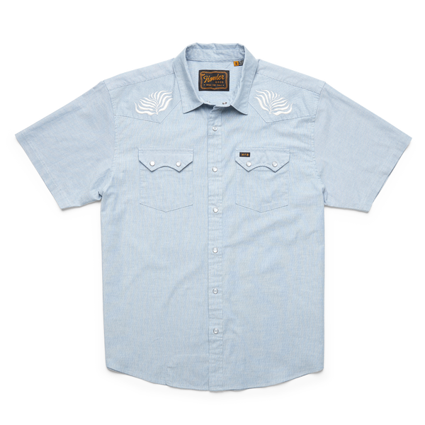 Short sleeve men's pearl snap shirt with white embroidered plants near the shoulders