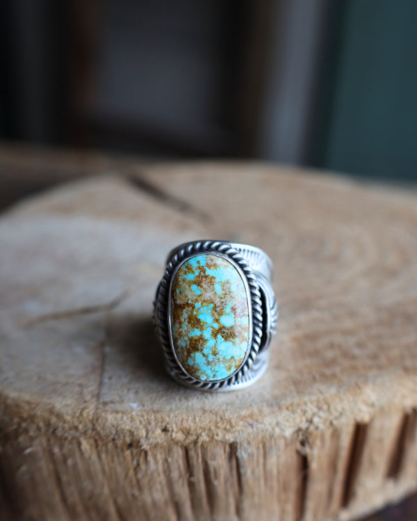 Brown and Blue Turquoise Oval Rope Ornate Band Ring- Size 8.5