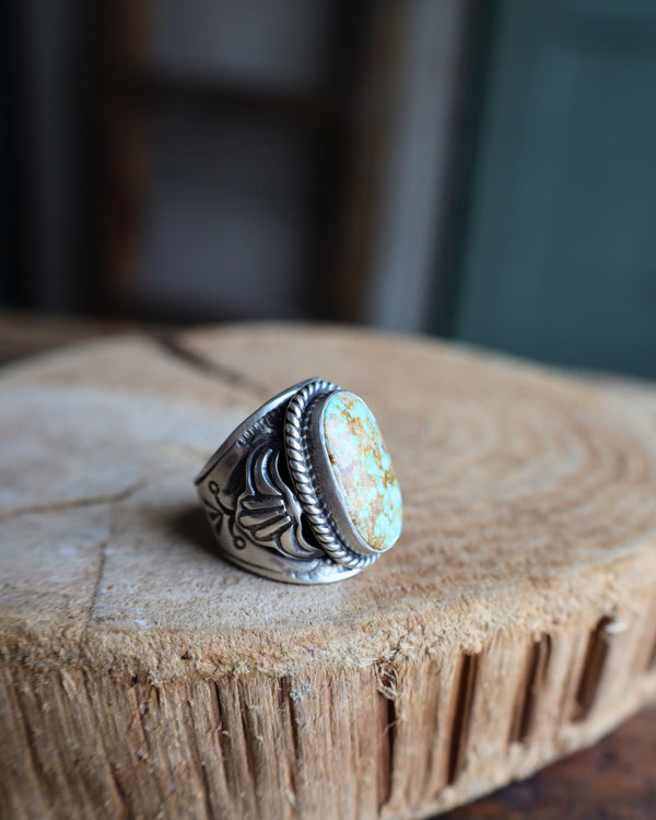 Brown and Blue Turquoise Oval Rope Ornate Band Ring- Size 8.5