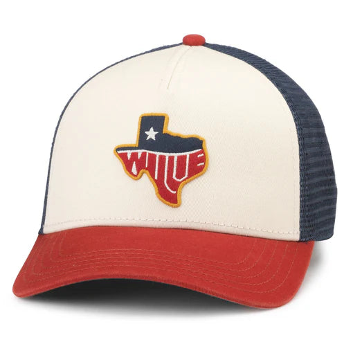 Ball cap with red bill, white face, and navy mesh in the back with patch on the front in the shape of Texas with word "Willie" inside
