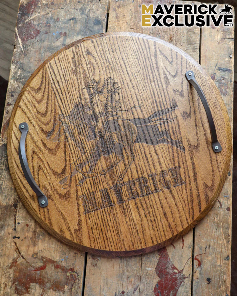 Wooden round tray with 'Maverick' branding on a rustic wooden surface