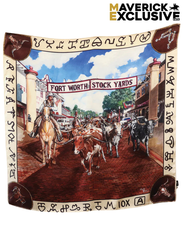 Decorative blanket with Fort Worth Stock Yards scene featuring a cowboy and cattle.