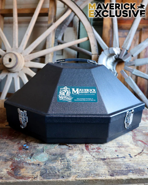 Black protective case with a Maverick logo on a rustic wooden surface with wagon wheels in the background.