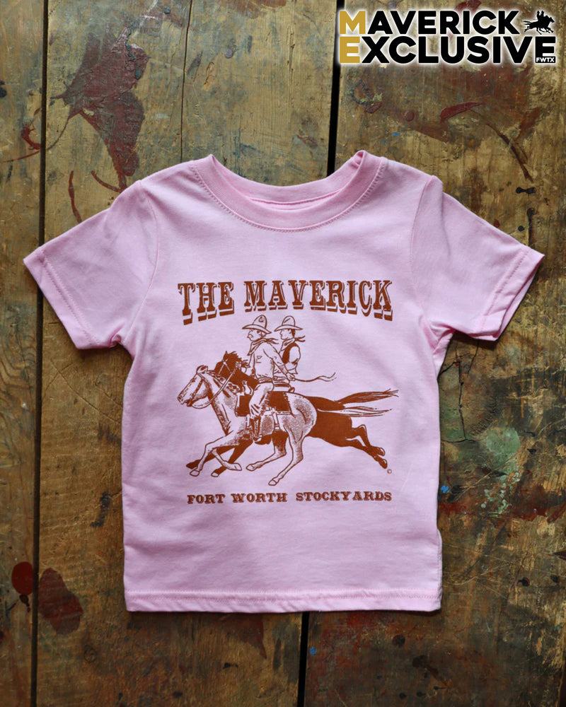 Pink t-shirt with a graphic of a cowboy on a horse and text on a rustic wooden background